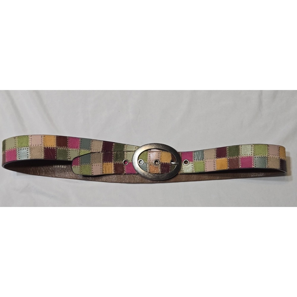 Fossil Vtg Patchwork Leather Belt Large 35-40" Silver Tone Buckle Y2K